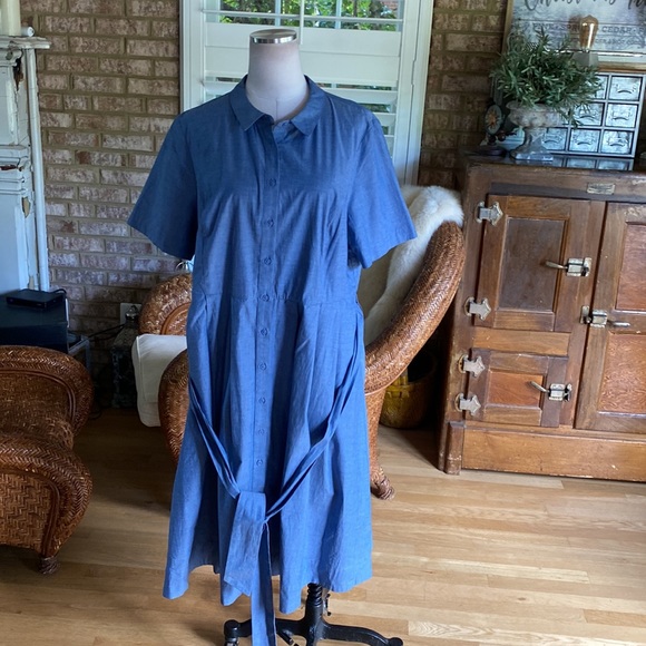 BODEN DENIM BUTTON SHIRT DRESS BELTED PLUS 16 R NEW POCKETS - Picture 8 of 11